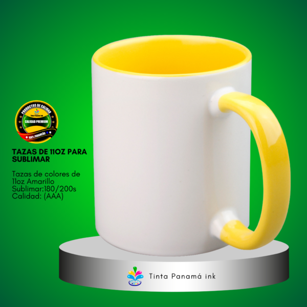 Tazas blanca de 11oz con fondo y asa de color Amarillo