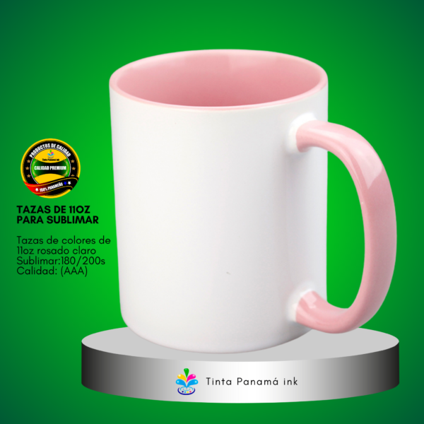 Tazas blanca de 11oz con fondo y asa de color rosado claro