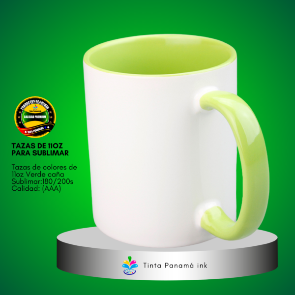 Tazas blanca de 11oz con fondo y asa de color verde caña